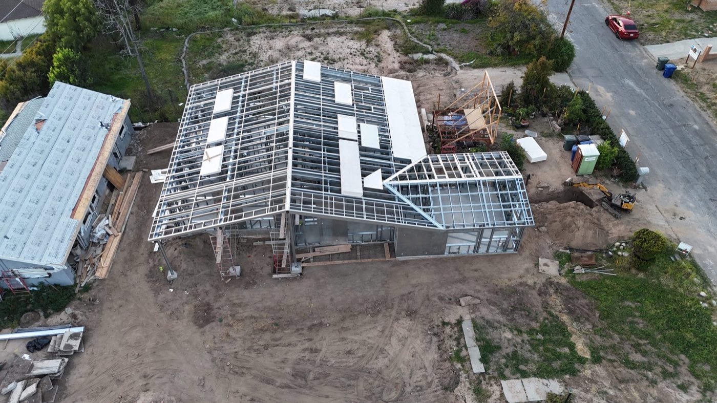 Aerial of a completed light-gauge and structural steel frame